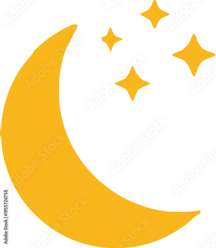 A simple yellow crescent moon icon illustrated with four sparkling stars on a clean white background Vector