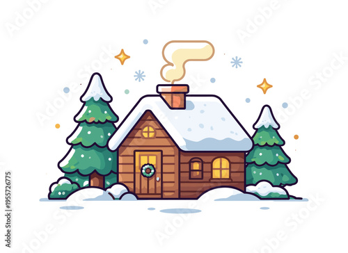 Snowy winter village scene centered on simple countryside homes and seasonal beauty, a small cabin with a snowy roof beside two pine trees creating a symbolic scene representing