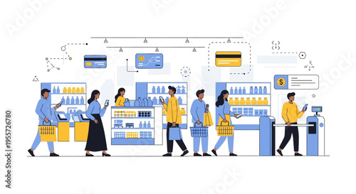 Seamless Retail Technology: Smart shoppers utilizing mobile payment and automated self-checkout systems in a modern grocery store. Digitalized customer experience illustration.