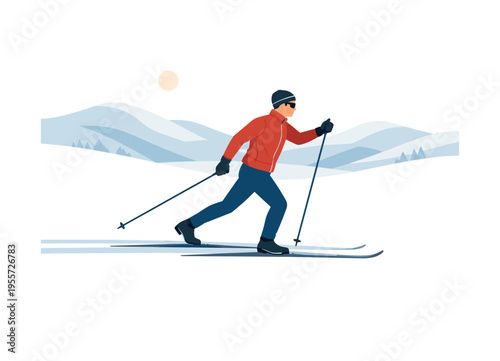 Winter outdoor sport and endurance training in a quiet snowy landscape, a cross country skier gliding forward along a narrow ski track using long poles while gentle snow covered