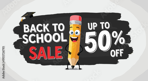 Back to school sale banner with a happy animated pencil character wearing a graduation cap and offering up to fifty percent off discount.