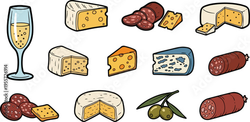 Charcuterie board elements, hand drawn simple sketch vector illustration