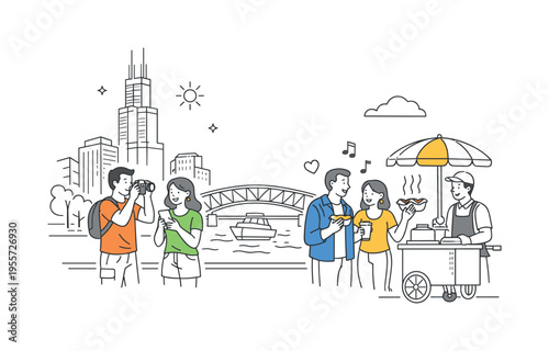 A small group exploring city life and local culture in Illinois, engaging with architecture, daily routines, and social interaction in a recognizable regional setting, represented