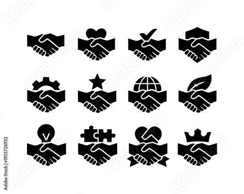 Handshake and teamwork symbols: handshake agreement, handshake with heart, handshake with check mark, handshake with shield, handshake with gear, handshake with star, handshake