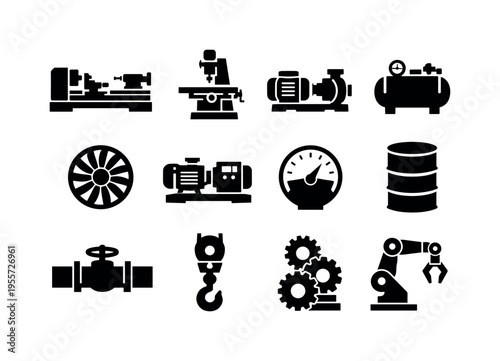 Factory equipment icons: metal lathe machine, milling machine, industrial pump, compressor tank, turbine fan, generator machine, pressure gauge dial, oil barrel, pipe with valve