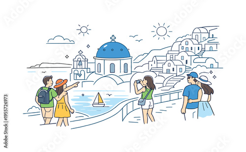 Greece Santorini seaside lifestyle scene where visitors walk along a cliffside village path surrounded by iconic white architecture and ocean views, a blue dome church and terraced