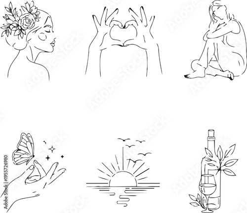 Illustrations depicting themes of love, self-care, nature, and tranquility