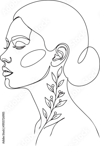 Elegant line drawing portrait with floral neckline design