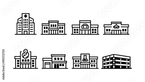 Healthcare campus buildings: modern hospital tower, outpatient clinic building, diagnostic center building, surgical center building, maternity hospital building, emergency