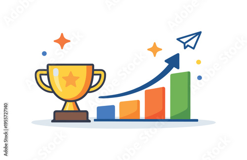 Achievement celebration and recognizing milestones after sustained dedication centered on positive reinforcement and future aspiration, a neat trophy cup placed next to a curved