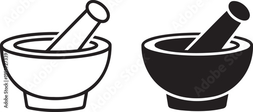 Mortar and pestle silhouette & outline set isolated on transparent background