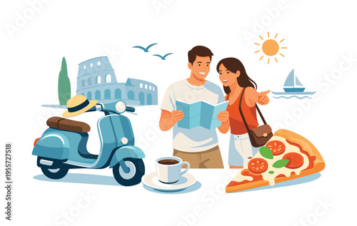 Italian daily life and travel inspiration represented through a clean lifestyle collage composition, a small espresso cup beside a classic scooter and a pizza slice forming the