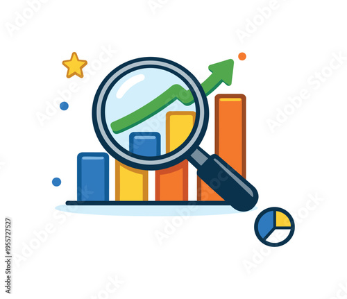 Business analytics and market investigation centered on exploring data and identifying useful opportunities, a magnifying glass examining a clean bar chart with a single upward