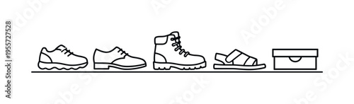 Retail footwear products and shoe store assortment presenting different styles designed for comfort, practicality, and modern everyday fashion needs, a sports sneaker, a formal