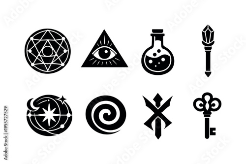 Esoteric magic symbols: sacred geometry circle, all seeing eye triangle, alchemy flask potion, magic staff crystal, celestial star chart, mystic spiral symbol, arcane rune mark