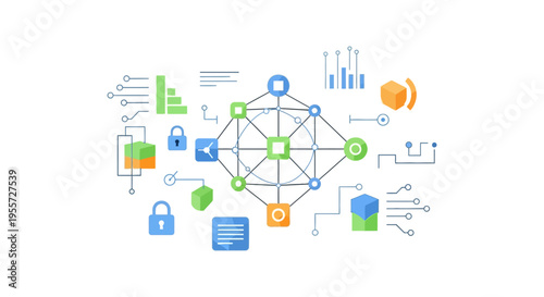 Flat design of a decentralized technology network, representing blockchain, data security, cybersecurity, and artificial intelligence infrastructure.