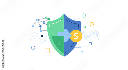 Fintech Security: Shield Icon Protecting Money and Data Network. Guaranteed Financial Transaction Concept.