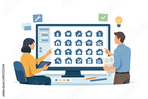 A user interface concept where designers develop a cohesive icon set for housing related services, emphasizing usability and clear communication across platforms, a grid of small