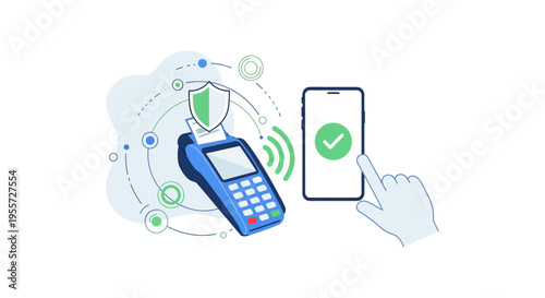 Secure Contactless Mobile Payment (NFC) Illustration. Hand pays using smartphone on POS terminal with security shield and success checkmark.
