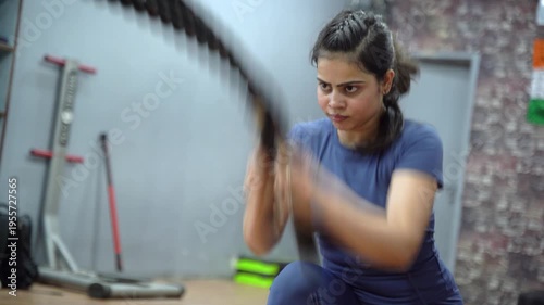 Indian Woman Performing Battle Ropes Exercise for Strength and Conditioning Workout in Gym