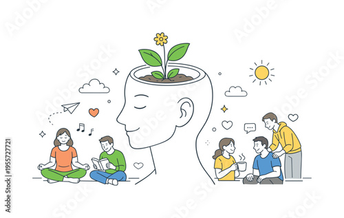 World Mental Health Day awareness and emotional wellbeing support concept showing people taking time to care for their inner balance and reduce daily stress, using a calm human
