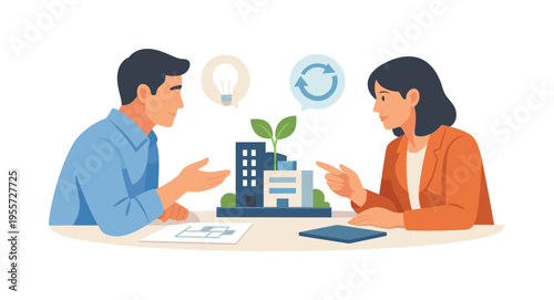 A collaborative innovation situation where architects and planners align ideas to design resilient city solutions that support future generations during a calm project discussion