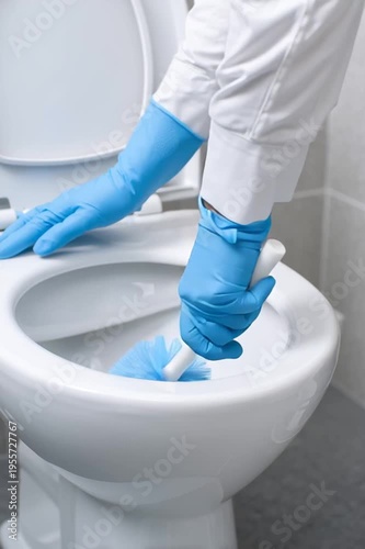 Person in blue gloves cleaning a toilet bowl with a brush. Close-up on hygiene and sanitation tasks in a modern bathroom. Bright, clean composition with white, blue, and grey colors.