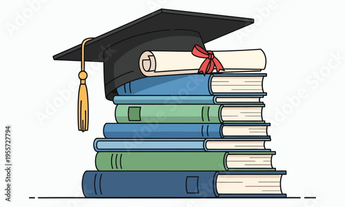Stack of books with graduation cap and diploma on top isolated on white background