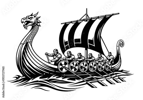 Viking ship sailing on waves with dragon head