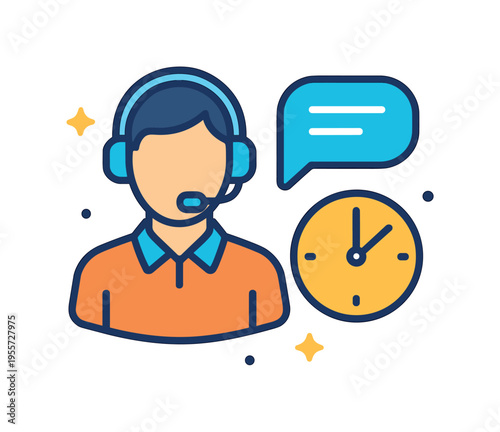 Professional help desk and technical assistance ensuring customers receive guidance and solutions day and night, a chat bubble icon next to a round clock representing constant