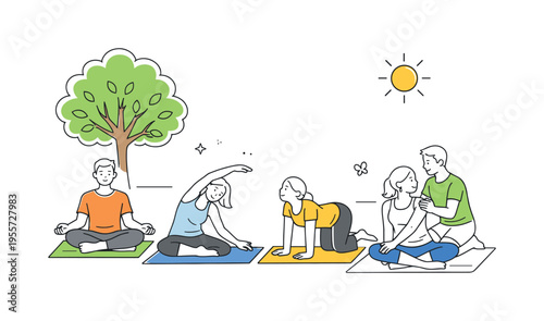 Outdoor yoga wellness session where a small group of people practices gentle yoga poses together on mats in a calm natural setting beside a single leafy tree and a simple sun