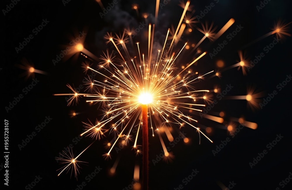 Fototapeta premium Sparkler burns brightly emitting many sparks against dark background. Celebrate holidays or parties with this festive firework effect. Light texture for design.