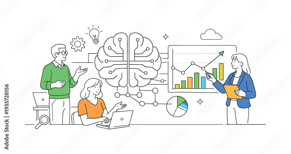 Naklejka premium Generative AI analytics strategy scene where a small group of professionals collaborates around a large artificial intelligence brain icon connected to a simple analytics chart