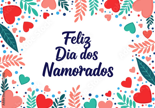 Feliz dia dos namorados heart pattern with leaves and dots