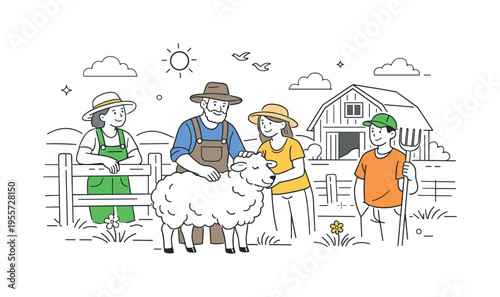 Pastoral countryside farming scene where a small group of farmers stands beside a calm sheep near a simple wooden fence and a small barn, using the sheep and barn as a visual