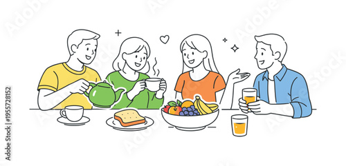 A small group having a weekend brunch while enjoying light meals and social interaction in a cozy environment, focusing on simple lifestyle moments and shared time, represented by