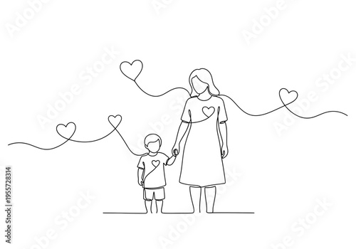 A mother and child holding hands with hearts floating around them