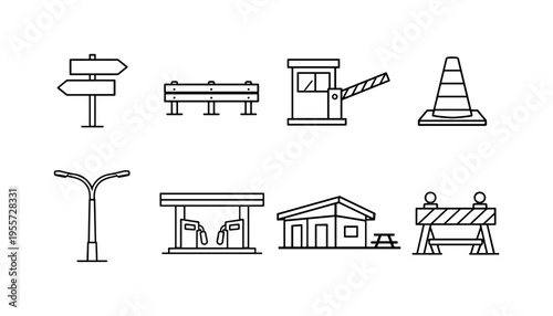 Road infrastructure symbols: highway sign post, road barrier guardrail, toll booth gate, traffic cone on road, highway streetlight pole, roadside gas station, highway rest area