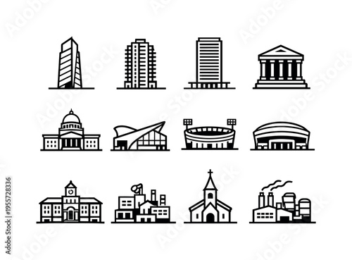 City skyline structures: modern glass tower, residential high rise, office tower, courthouse building, government building, convention center building, stadium building, arena