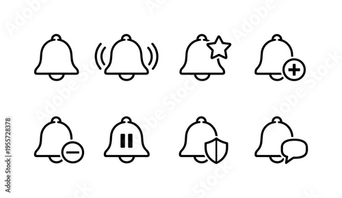 Alert and reminder bells: classic bell, bell with sound waves, bell with star alert, bell with plus symbol, bell with minus symbol, bell with pause bars, bell with shield security