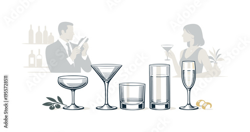 A refined bar and hospitality design scene where a set of cocktail glasses is illustrated in an engraving inspired style for menus and branding, focusing on elegance and timeless