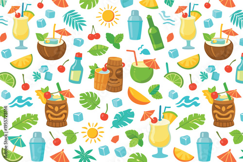 Tropical cocktail seamless pattern for summer vacation and beach bar themes featuring pina colada glass, coconut drink, tiki mug, pineapple slice, mango slice, lime wedge, cherry,
