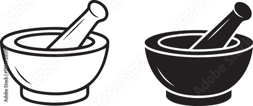 Mortar and pestle silhouette & outline set isolated on transparent background