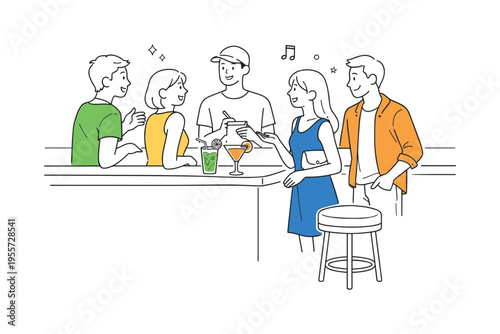 A small group of friends ordering drinks together at a stylish bar counter while chatting and enjoying a relaxed evening outing, representing leisure lifestyle and simple social