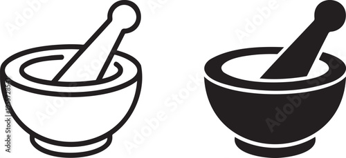 Mortar and pestle silhouette & outline set isolated on transparent background