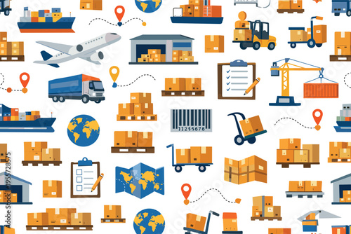 Global shipping logistics seamless pattern for international trade and delivery themes featuring cargo ship, shipping container, airplane, delivery truck, forklift, warehouse,