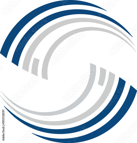 Blue and grey curved lines logo.