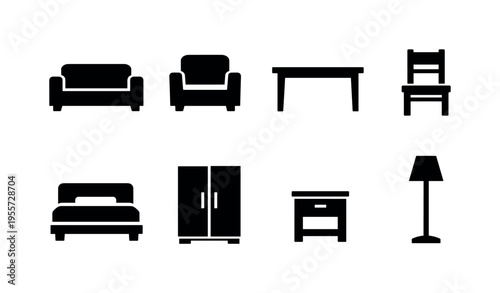 Household furniture icons: sofa, armchair, dining table, wooden chair, bed frame, wardrobe cabinet, nightstand, floor lamp