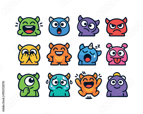 Friendly cartoon monster emotions: laughing monster, surprised monster with wide eyes, confused monster with tilted head, angry tiny monster, shy monster hiding hands, proud chest