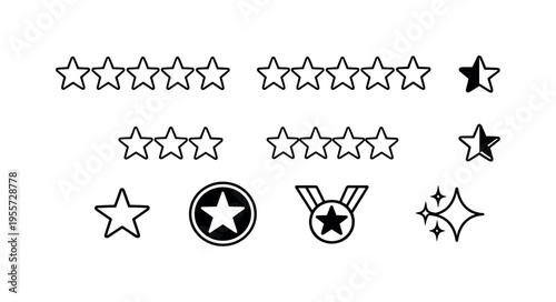 Star rating symbols: five star rating row, four star rating row, three star rating row, half star rating, single favorite star, star inside circle badge, star medal ribbon